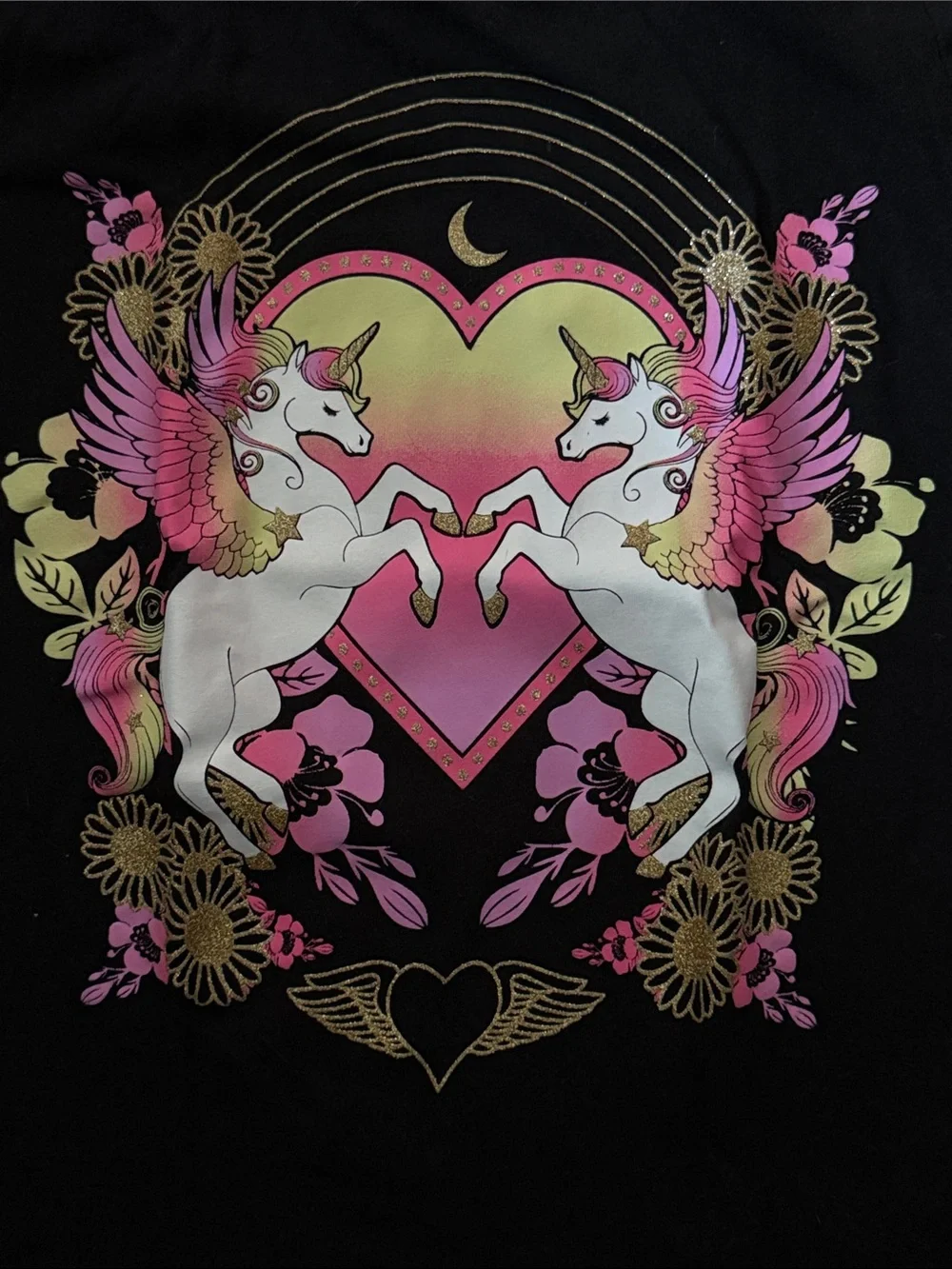 The Children's Place Black Tee with Pink & Gold Unicorn Heart Design size 7/8